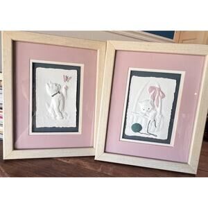 2 Framed Vintage Artwork 1980s Embossed Paper White Cat Kitten Nursery Country